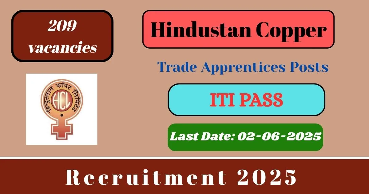Hindustan Copper Online Recruitment Notification 2025 For 209 Vacancy For Trade Apprentices Posts - Apply Now